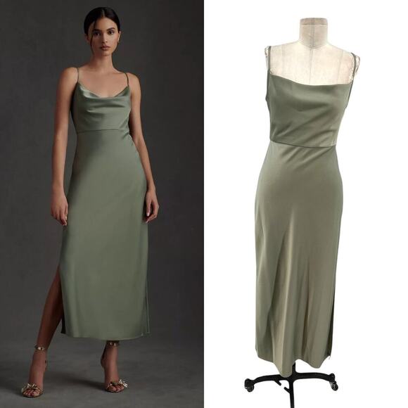 BHLDN Cali Satin Cowl-Neck Midi Slip Dress Moss Green Size US 4 - Picture 1 of 16